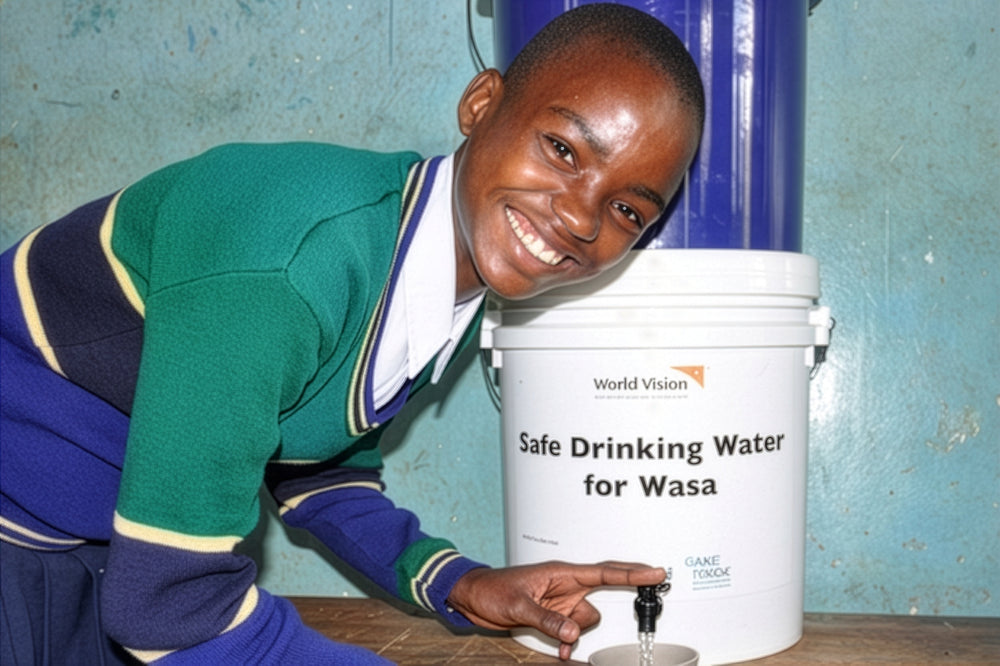 African boy filling a glass of purified water smiling into the camera.